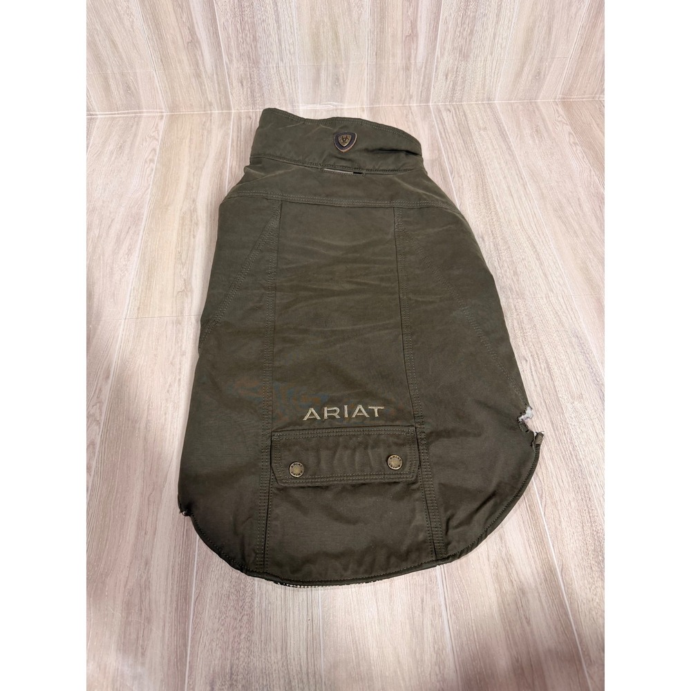Ariat Dog Coat‎ Olive Green Canvas Quilted Plaid Lining Medium Pet Jacket AS-IS